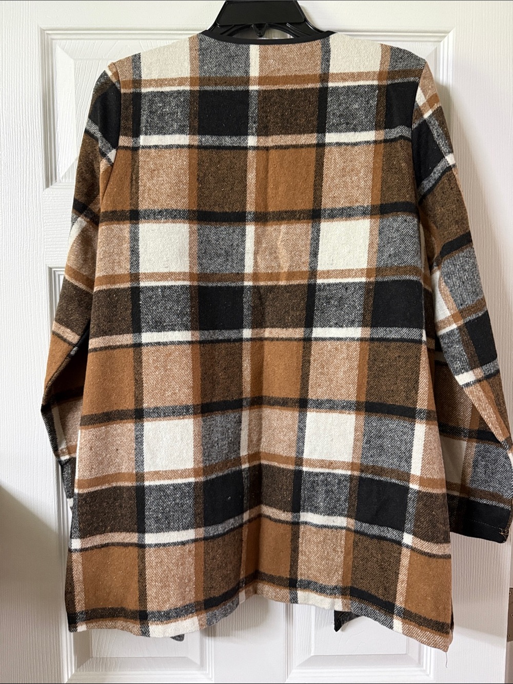 Plaid Open-Front Draped Lightweight Jacket - Brown, Black, Cream - Picture 2 of 3